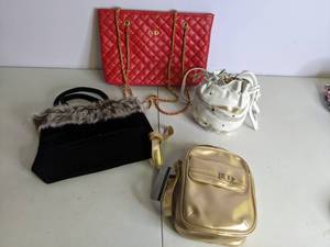 lot 81 image: Lot of (4) Classy Evening Bags and Purses Red, Gold, Black, Cream