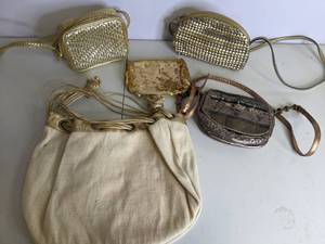 lot 84 image: Lot of (5) Purses and Evening Bags Cream and Gold 