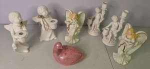 lot 114 image: (2) Vintage Angle Statues, (2) Sets of Vintage Angel Candle Holders & Pink Porcelain Duck Jewelry Box