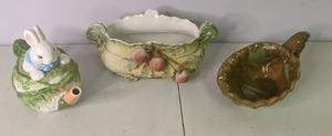 lot 118 image: Vintage Porcelain Rabbit on Cabbage Teapot, Percaline Cornucopia, & Vintage Soup Tureen