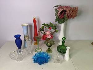 lot 233 image: Unique and Classic Vintage or Antique Glassware - Decanter, Vases and Candy Dishes