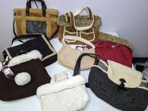 lot 208 image: Lot of (8) Wintery Purses Faux Fur, Browns, Red, White