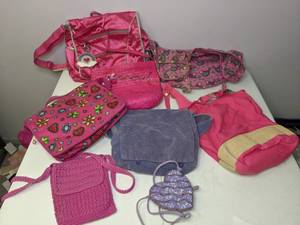 lot 218 image: Lot of (8) Bright Childrens Bags and Purses Hot Pink and Purple