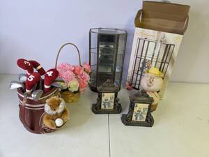 lot 252 image: Small Glass Display Case, Bookends, Caddy Shack Memorabilia, Silk Flowers