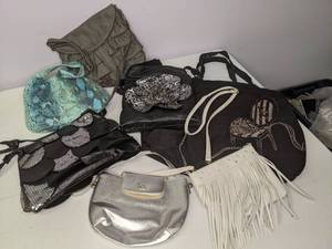 lot 279 image: Lot of (7) Assorted Purses Silver, Black, Teal, White