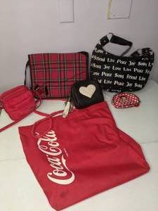 lot 282 image: Lot of (6) Bags, Wallet, and Purses Red, Plaid, Black, Coca-cola