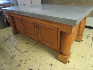 lot 501 image: ISLAND COUNTER-STYLE TABLE, WITH SOLID WOOD BASE, DECORATIVE SHEET METAL SURFACE