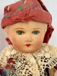 lot 22 image: Antique Paper Mache Head Doll w Cloth Body, In Slavic Costume, 10 Tall