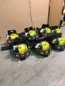 lot 8 image: Pallet of 6 Ryobi 175 MPH 760 CFM 38cc Gas Backpack Leaf Blower customer returns various conditions