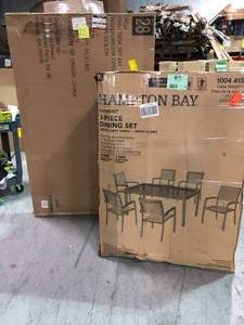 lot 25 image: Hampton Bay Baymont 7-Piece Aluminum Patio Outdoor Patio Dining Set with Smoked Glass Table Top and Sling Dining Chairs see all pictures