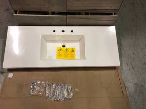 lot 32 image: Glacier Bay Woodbrook 49 in. W x 19 in. D Vanity in White Washed Oak with Cultured Marble Vanity Top in White with White Sink see all pictures