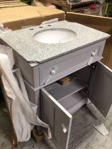 lot 36 image: Home Decorators Fremont 32 in. W x 22 in. D Vanity in Grey with Granite Vanity Top in Grey with White Sink (broken top) see all pictures