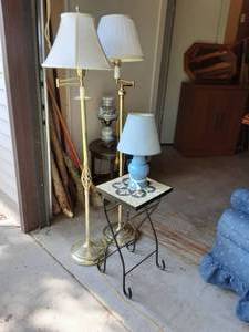 lot 78 image: Folding Mosaic Table, Blue Lamp & 2-Brass Floor Lamps