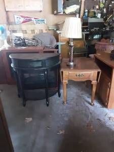 lot 92 image: Half Round Black Table With Drawer, Side End Table With 2-Drop Sides, Lamp