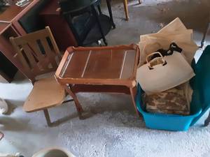 lot 93 image: Vintage Wood Side Table With Glass Top, Folding Wood Chair & Full Tote Of Table Cloths