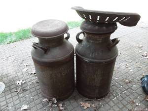 lot 103 image: 2-Milk Cans, 1-Tractor Seat