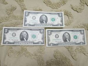 Lot of 3 - $2.00 bills US Currency...