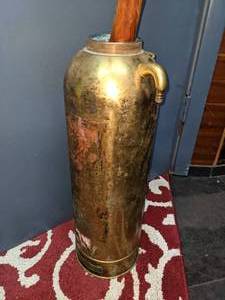 lot 152 image: Brass Fire Extinguisher & Carved Walking Stick