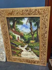 lot 154 image: Countryside Scene in Inlaid Wood Frame & Wall Mirror