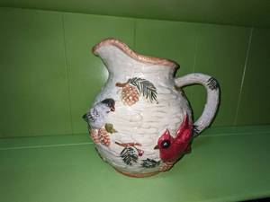 lot 29 image: Sonoma Knollwood Ceramic Pitcher wBirds, Pine Cones & Holly