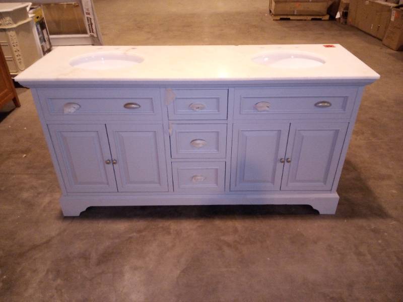 Sadie 67 in. W x 21.5 in. D Vanity in Dove Grey with Marble Vanity Top in Natural White with White Sinks (Damaged Side & Top)