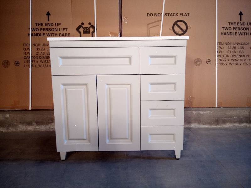 36 in. Metal Bathroom Vanity in Gray with Iced White Engineered Marble Vanity Top and White Sink (Damaged Top)