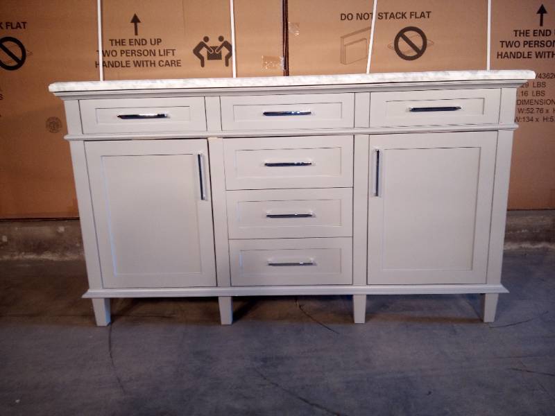 Sonoma 60 in. W x 22 in. D Double Bath Vanity in Pebble Grey with Carrara Marble Top with White Sinks (Damaged Top)