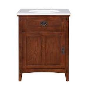 lot 23 image: Artisan 26 in. W Vanity in Dark Oak with Natural Marble Vanity Top in White with White Basin by Home Decorators Collection- slightly damaged -see pictures