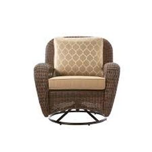 lot 33 image: Beacon Park Brown Wicker Outdoor Patio Swivel Lounge Chair with Toffee Trellis Tan Cushions by Hampton Bay- open box not used - see pictures