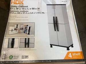 lot 8 image: Plastic Freestanding Garage Cabinet in Gray (27 in. W x 68 in. H x 15 in. D) by HDX- open box not used
