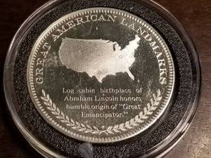 1 TROY OZ. .999 FINE SILVER GREAT AMERICAN LANDMARKS LINCOLN CABIN