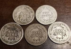 GROUP OF 5 US BARBER SILVER DIMES