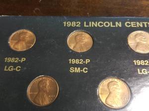 1982 US CENT VARIETY SET SHOWS ALL VARIETIES OF 1982 CENTS
