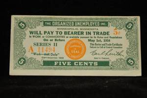 1934 Minneapolis Minnesota Organized Unemployed 5 Cent Work Voucher