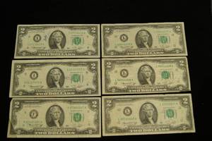 (6) 1976 US 2 Dollar Bills