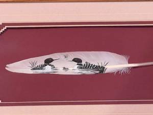 lot 208 image: Loons Framed Art  Hand Painted On A Feather By Donald Korach