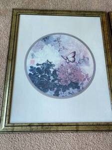 lot 273 image: 2 Floral  Butterfly Framed Art Pieces By T.C.Chice In Ornate Gold Frames