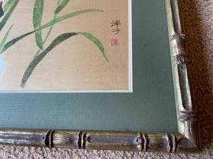lot 292 image: Chinese Floral  Butterfly Framed Art In Bamboo Style Frame