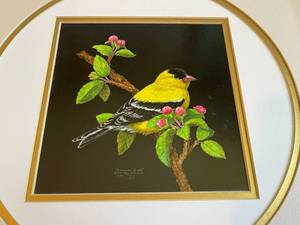 lot 362 image: Summer Of Gold Scratchboard Framed Art By Peg McInnis With Bamboo Style Frame
