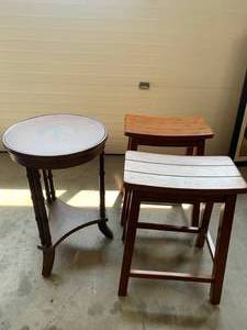 Antique Style 3 Legged Table & 2 Bar Stools