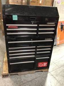 lot 114 image: 41 in. x 24.5 in D 16-Drawer Gloss Black Tool Chest and Cabinet Combo by Husky Damaged See Pictures