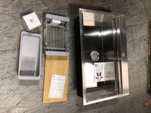 lot 115 image: Handcrafted All-in-One Drop-In 33 in. x 22 in. x 9 in. Single Bowl Kitchen Sink in Stainless Steel with Accessories by AKDY Customer Returns See Pictures