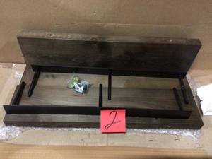 lot 2 image: Industrial Grace 5.5in x 24in x 20in Dark Walnut Pine Wood Three-TIer Decorative Wall Shelf with Brackets Customer Return See pictures