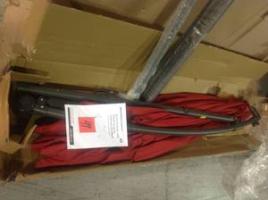 lot 49 image: 8.5 ft. Aluminum Cantilever Solar LED Square Patio Umbrella in Red with Crank and Base Customer Return See pictures