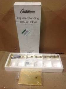 lot 89 image: Latitude II Square Freestanding Toilet Paper Holder in Brushed Brass by Gatco Customer Return See pictures