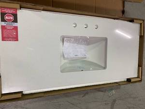 lot 103 image: 49 in. W x 22 in. D Engineered Marble Vanity Top in Snowstorm with White Single Trough Sink by Home Decorators Collection Customer Returns See Pictures