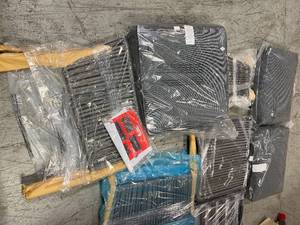 lot 109 image: Tolston 3-Piece Wicker Outdoor Patio Chat Set with Charcoal Cushions by Hampton Bay Customer Returns See Pictures