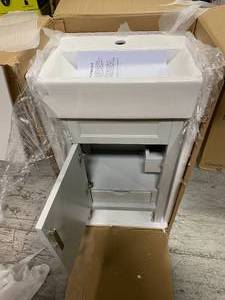 lot 114 image: Arvesen 18 in. W x 12 in. D Vanity in Dove Grey with Ceramic Vanity Top in White with White Sink by Home Decorators Collection Customer Returns See Pictures