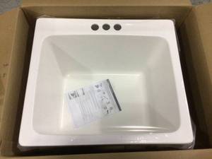 lot 19 image: Wakefield Dual Mount Natural Stone Composite 25 in. 3-Hole Single Bowl Utility Sink in White by Mont Blanc &nbspCustomer Returns See Pictures