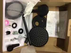 lot 22 image: 5-Spray Patterns with 2.66 GPM 9 in. Wall Mount Dual Shower Heads with Pressure Balance Round-In Valve in Matte Black &nbspCustomer Returns See Pictures